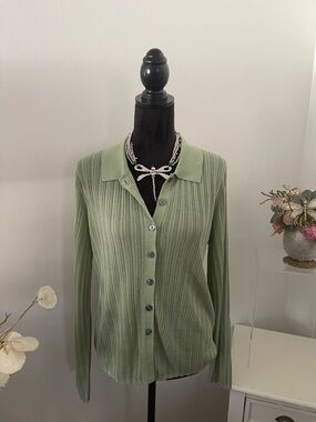 Banana Republic Light Green Ribbed Button-Front Polo Cardigan